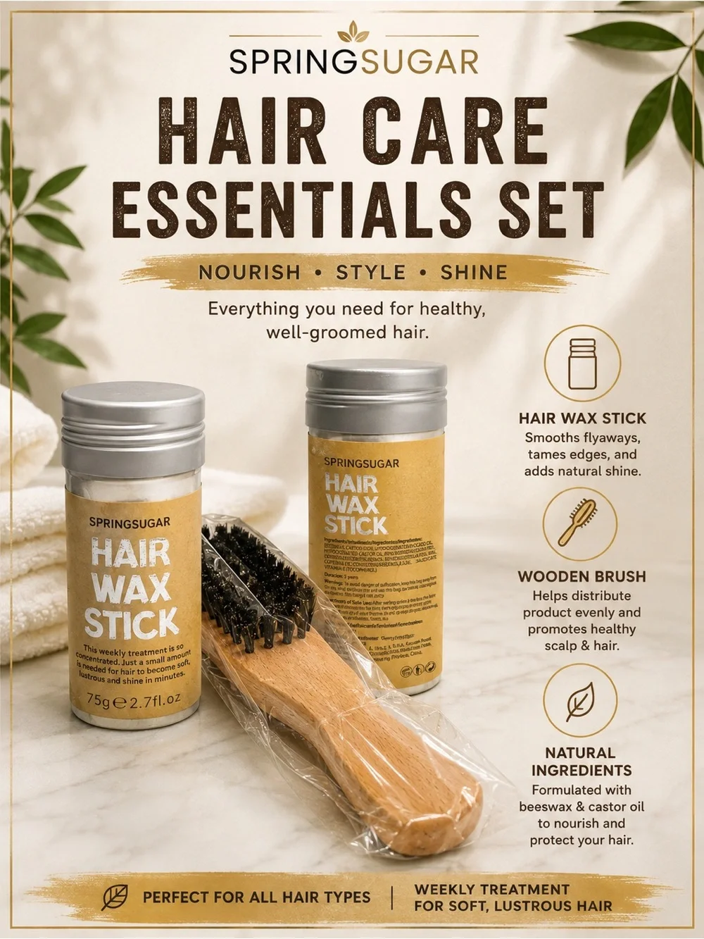 Hair Wax Stick Set – Natural Hair Care (Includes Wooden Brush)